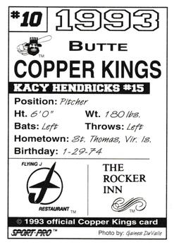 1993 Sport Pro Butte Copper Kings #10 Kacy Hendricks Back