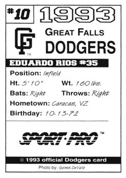 1993 Sport Pro Great Falls Dodgers #10 Eudardo Rios Back