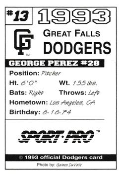 1993 Sport Pro Great Falls Dodgers #13 George Perez Back