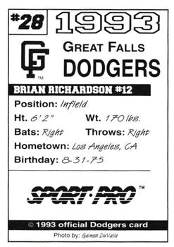 1993 Sport Pro Great Falls Dodgers #28 Brian Richardson Back