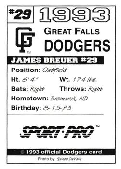 1993 Sport Pro Great Falls Dodgers #29 James Breuer Back