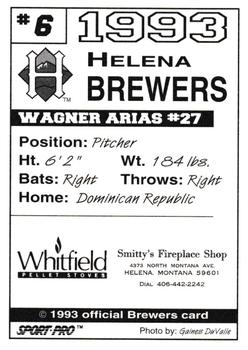 1993 Sport Pro Helena Brewers #6 Wagner Arias Back