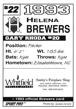 1993 Sport Pro Helena Brewers #22 Gary Rhoda Back