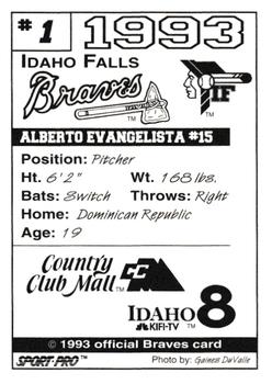 1993 Sport Pro Idaho Falls Braves #1 Alberto Evangelista Back