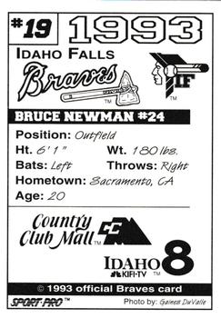 1993 Sport Pro Idaho Falls Braves #19 Bruce Newman Back