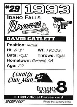 1993 Sport Pro Idaho Falls Braves #29 David Catlett Back