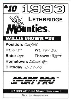 1993 Sport Pro Lethbridge Mounties #10 Willie Brown Back