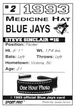 1993 Sport Pro Medicine Hat Blue Jays #2 Steve Sinclair Back