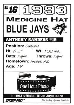 1993 Sport Pro Medicine Hat Blue Jays #16 Anthony Sanders Back
