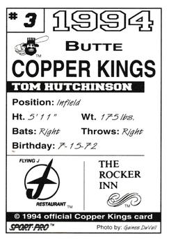 1994 Sport Pro Butte Copper Kings #3 Tom Hutchison Back