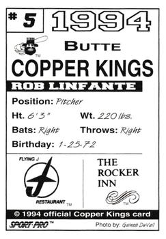 1994 Sport Pro Butte Copper Kings #5 Rob Linfante Back