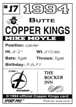 1994 Sport Pro Butte Copper Kings #17 Mike Moyle Back
