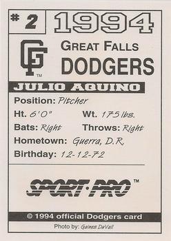 1994 Sport Pro Great Falls Dodgers #2 Julio Aquino Back