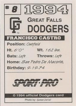 1994 Sport Pro Great Falls Dodgers #8 Francisco Castro Back