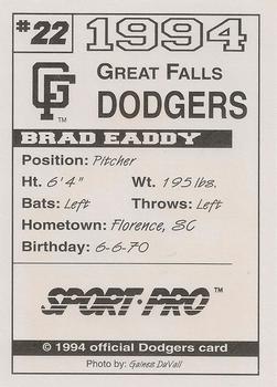 1994 Sport Pro Great Falls Dodgers #22 Brad Eaddy Back