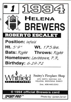 1994 Sport Pro Helena Brewers #1 Roberto Escalet Back