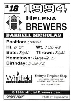 1994 Sport Pro Helena Brewers #18 Darrell Nicholas Back