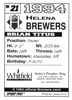 1994 Sport Pro Helena Brewers #21 Brian Titus Back