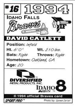 1994 Sport Pro Idaho Falls Braves #16 David Catlett Back