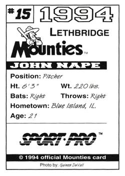 1994 Sport Pro Lethbridge Mounties #15 John Nape Back