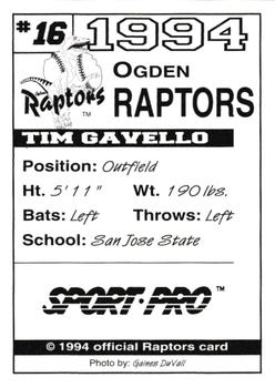 1994 Sport Pro Ogden Raptors #16 Tim Gavello Back