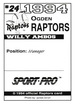 1994 Sport Pro Ogden Raptors #24 Willy Ambos Back