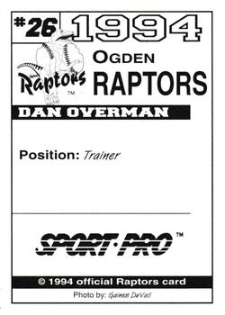 1994 Sport Pro Ogden Raptors #26 Dan Overman Back