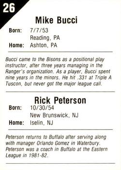 1987 Pucko Buffalo Bisons #26 Mike Bucci / Rick Peterson Back