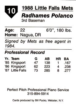 1988 Pucko Little Falls Mets #10 Radhames Polanco Back