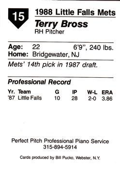 1988 Pucko Little Falls Mets #15 Terry Bross Back