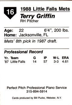 1988 Pucko Little Falls Mets #16 Terry Griffin Back
