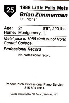 1988 Pucko Little Falls Mets #25 Brian Zimmerman Back