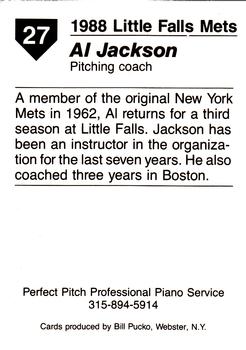 1988 Pucko Little Falls Mets #27 Al Jackson Back