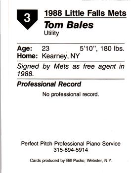 1988 Pucko Little Falls Mets #3 Tom Bales Back