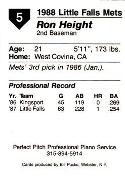 1988 Pucko Little Falls Mets #5 Ron Height Back