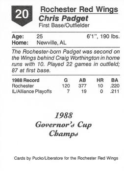 1988 Pucko Rochester Red Wings Governor's Cup #20 Chris Padget Back