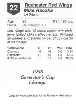 1988 Pucko Rochester Red Wings Governor's Cup #22 Mike Raczka Back