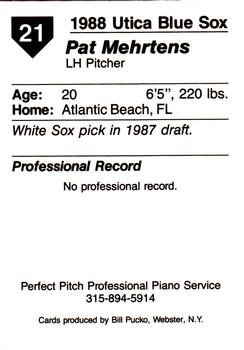 1988 Pucko Utica Blue Sox #21 Pat Mehrtens Back