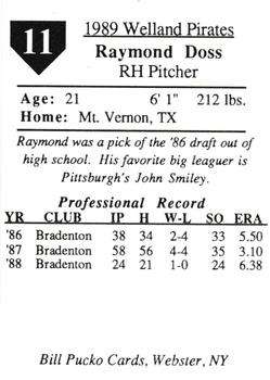 1989 Pucko Welland Pirates #11 Raymond Doss Back
