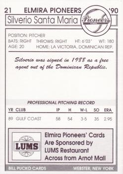 1990 Pucko Elmira Pioneers #21 Silverio Santa Maria Back