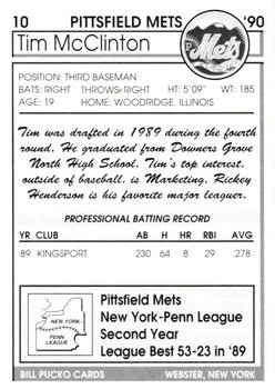 1990 Pucko Pittsfield Mets #10 Tim McClinton Back
