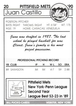 1990 Pucko Pittsfield Mets #20 Juan Castillo Back