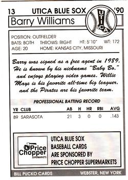 1990 Pucko Utica Blue Sox #13 Barry Williams Back