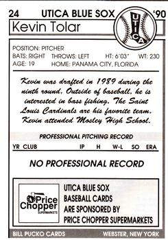 1990 Pucko Utica Blue Sox #24 Kevin Tolar Back