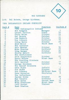 1984 Indianapolis Indians #10 The Catchers - Sal Butera / George Bjorkman Checklist Back