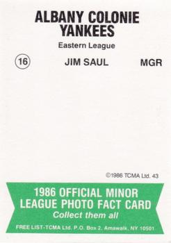 1986 TCMA Albany-Colonie Yankees #16 Jim Saul Back