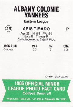 1986 TCMA Albany-Colonie Yankees #25 Aris Tirado Back