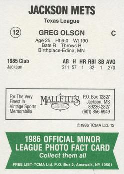 1986 TCMA Jackson Mets #12 Greg Olson Back