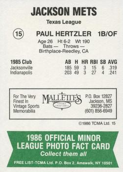 1986 TCMA Jackson Mets #15 Paul Hertzler Back