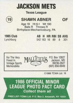1986 TCMA Jackson Mets #19 Shawn Abner Back